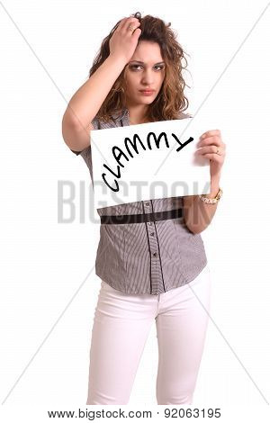 Uncomfortable Woman Holding Paper With Clammy Text