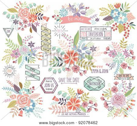 Romantic Floral hand drawn set. Vector illustration.