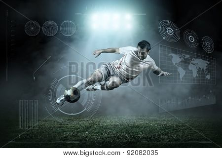 Soccer player with ball in action outdoors