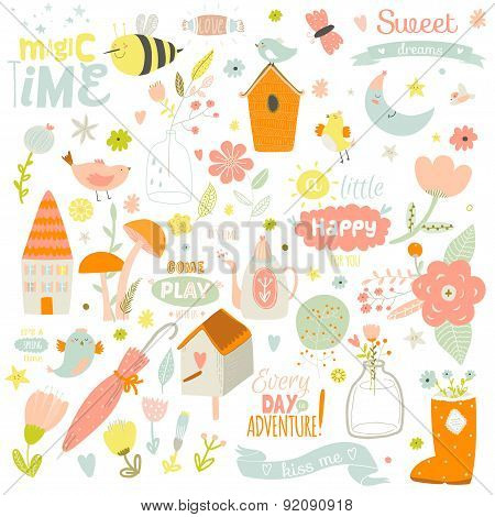 Cute print illustration with spring ans summer elements