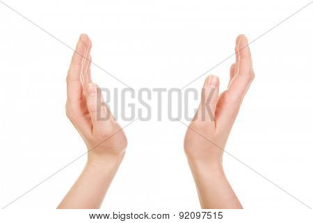 Female open hands for product.