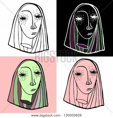 4 variants of severed head of blonde girl. Vector hand drawn illustration