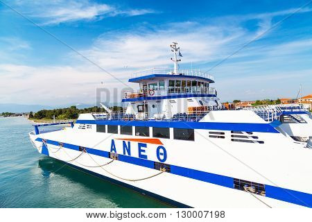 Keramoti Greece - May 1, 2016: Keramoti port and ferry boat going to Thassos island