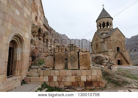 Ancient monastery Noravank in the mountains in Amaghu valley, Armenia. Was founded in 1205. 
