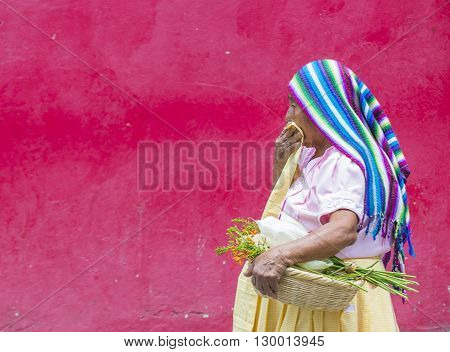 PANCHIMALCO EL SALVADOR - MAY 08 : Portrait of an old Salvadoran woman during the Flower & Palm Festival in Panchimalco El Salvador on May 08 2016