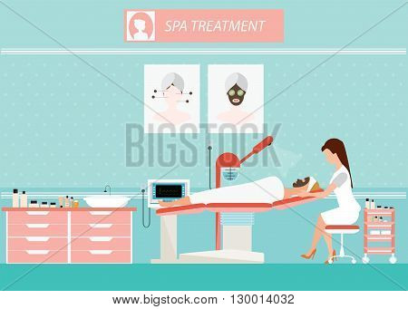 Beauty facial massage treatment of face skin with ozone facial steamer on bed in spa center women facing the steam beauty conceptual vector illustration.