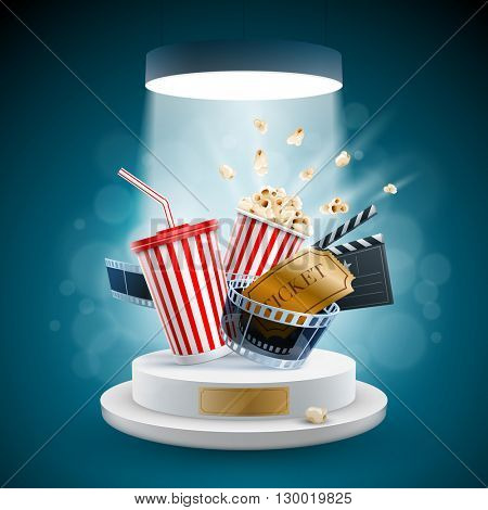 Popcorn box; disposable cup for beverages with straw, film strip, clapper board and ticket on the podium. Cinema Concept Design. Detailed vector illustration. 