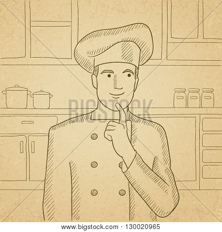 Chef pointing forefinger up.