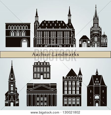 Aachen landmarks and monuments isolated on blue background in editable vector file