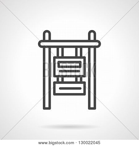 Signboards hanging on poles. Commercial advertising, information near restaurants, shops and public places. Outdoors marketing. Simple black line vector icon.