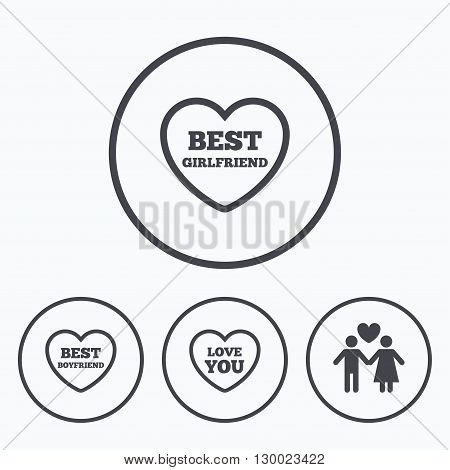 Valentine day love icons. Best girlfriend and boyfriend symbol. Couple lovers sign. Icons in circles.