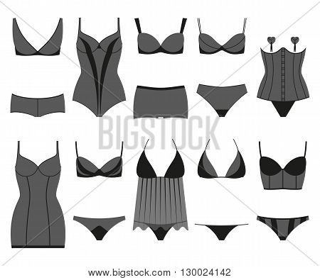 Lingerie icon set. Woman underwear isolated on the white. Colorful vector illustration