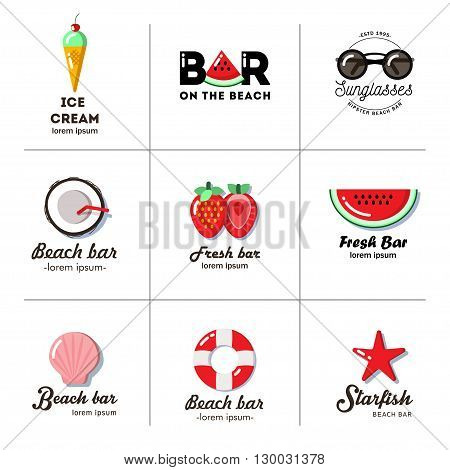 Set of nine logos for summer beach bar, fresh juice bar, cafe, restaurant, shop. The bright and rich colors, modern flat style.