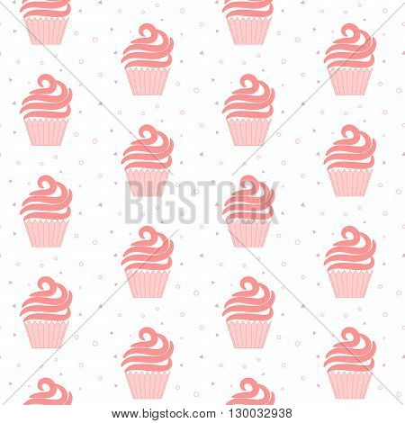 Pink cupcake seamless pattern. Sweet cake light cartoon texture design. Patisserie package and website background tileable design.