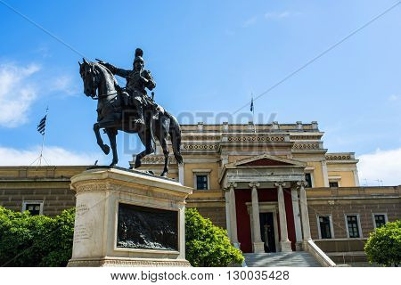 Old Greek Parliament in Athens and the statue of Kolokotronis