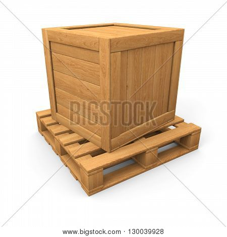 Single wooden box on pallet. Isolated on white.