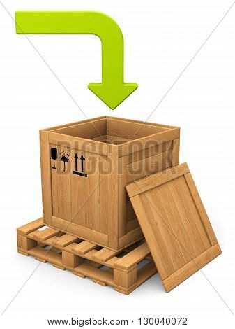 Download concept. Open wooden box witn lid on pallet. Green bent arrow. Isolated on white.