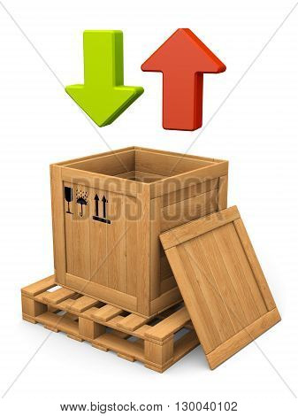Data communication concept. Open wooden box with on pallet and lid. Packing signs print. Green and red arrows. isolated on white.