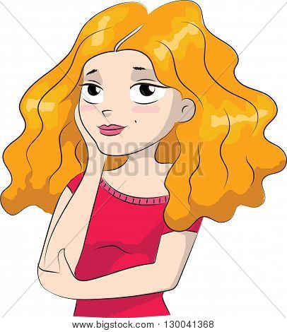 Illustration of a long haired girl thinking and dreaming on a white background