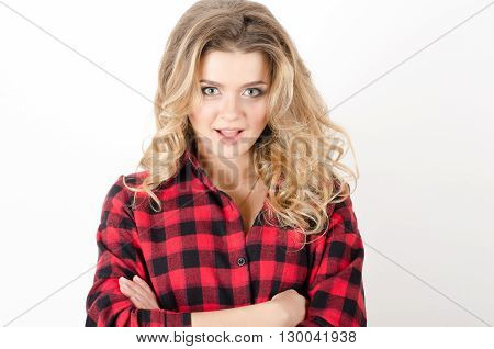 Surprise Woman With Arms Folded Questioning People,studio Shot