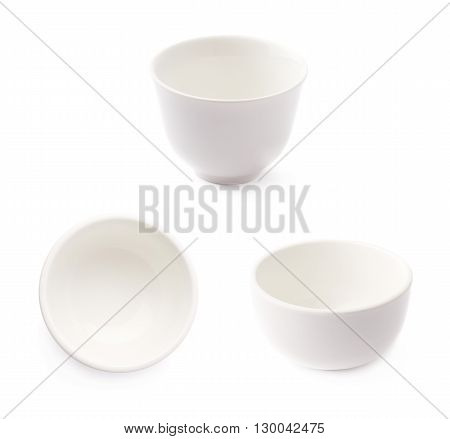 Small white ceramic bowl isolated over the white background, set of three different foreshortenings