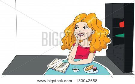 Illustration of a long haired girl thinking and dreaming at room.