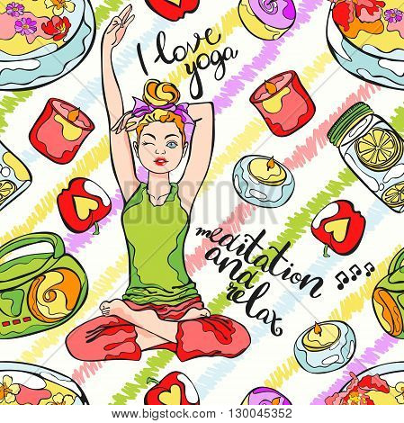 I love yoga. Young beautiful girl. Yoga pose, lotus position. Meditation and relaxation. Tape, pleasant music, candle, flower, and fruit. Lettering. Seamless vector pattern (background).