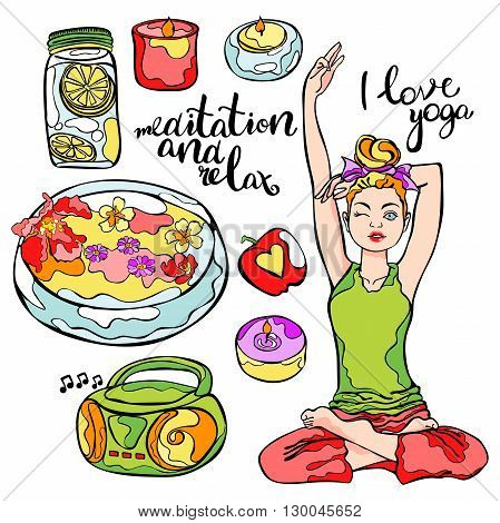 I love yoga. Young beautiful girl. Yoga pose, lotus position. Meditation and relaxation. Tape, pleasant music, candle, flower, and fruit. Lettering. Isolated vector object on white background.