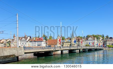 Lucerne, Switzerland - 7 May, 2016: the Seebrucke bridge. The Seebrucke bridge connects the historical and contemporary parts of the city of Lucerne. Lucerne is a city in central Switzerland it is the capital of the Swiss Canton of Lucerne.