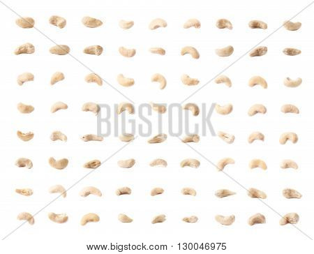 Multiple single cashew nuts seeds isolated over the white background, set of multiple images in different foreshortenings