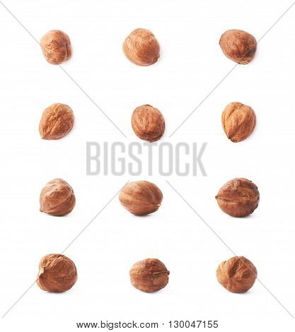 Mulitple single hazelnut nuts isolated over the white background, set of six images, each in two foreshortenings