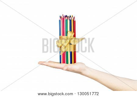 Pencils in hand isolated on white background