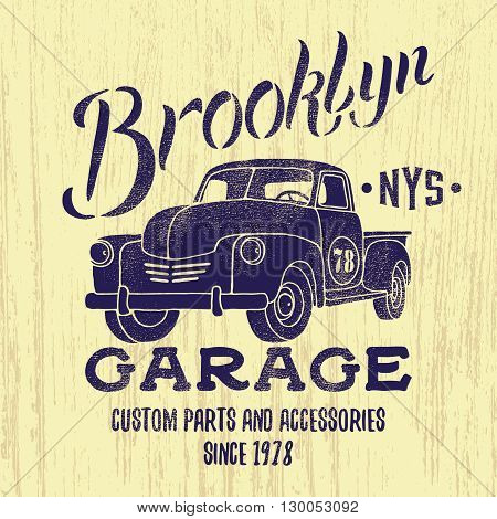 Vintage Pik Up illustration.Tee or apparel print design with grunge effect.