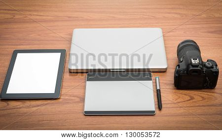 Dslr Digital Camera With Tablet And Notebook Laptop