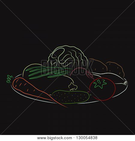 A plate with vegetables isolated on a black background. Colored outline. Hand drawn sketch. Art vector illustration for your design.