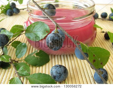 Homemade sloe jam in jar and fresh fruits