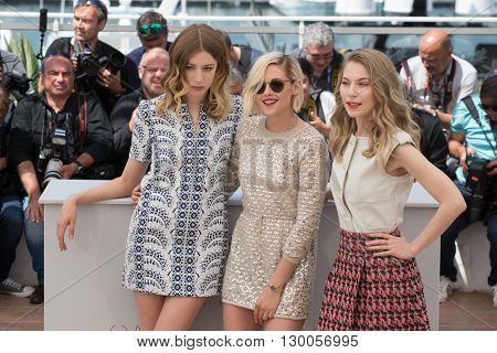 Sigrid Bouaziz , Kristen Stewart, Nora von Waldstatten  at the photocall for 'Personal Shopper' at the 69th Festival de Cannes. May 17, 2016  Cannes, France