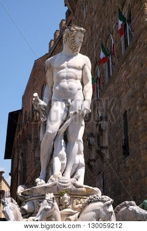FLORENCE, ITALY - JUNE 05: Statue on the Fountain of Neptune on the Piazza della Signoria in Florence, Italy, on June 05, 2015
