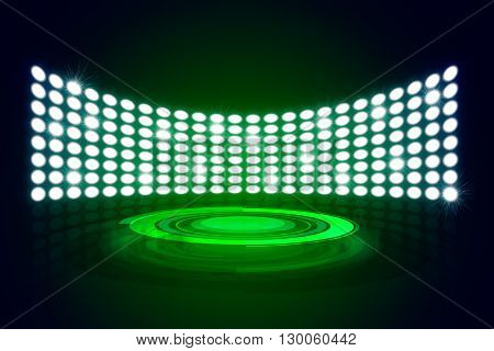 Green Great Premiere Show Background. Stage podium shining with spotlights rays