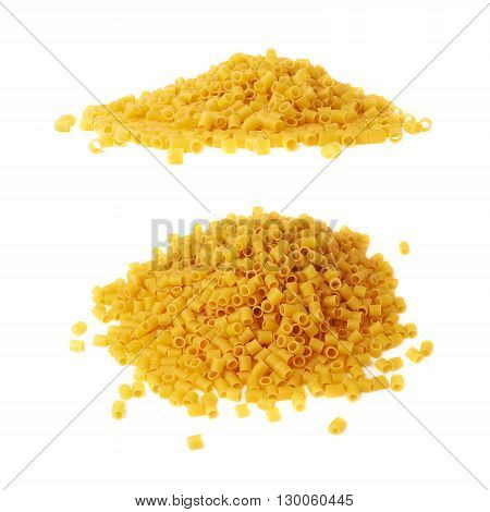 Set of pile of dry ditalini yellow pasta over isolated white background, different foreshortenings