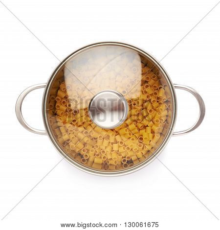 Metal pan with glass lid filled with dry ditalini yellow pasta over isolated white background
