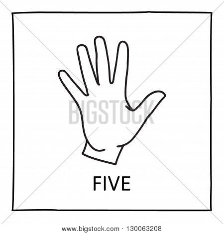 Doodle Palm icon. Counting hands showing five fingers. Graphic design element for teaching math to young children as school printout. Great for showing numbers on your design in a fun and creative way.