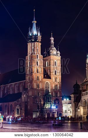 St. Marys Basilica in Cracow. Krakow Market Square at Night.