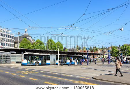 Lucerne, Switzerland - 7 May, 2016: bus stop on Bahnhofplatz square. Lucerne is a city in central Switzerland it is the capital of the Swiss Canton of Lucerne and the capital of the district of the same name.