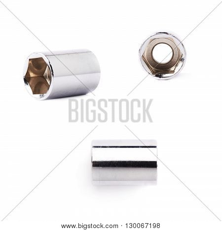 Set of single of metal hex socket of spanner over isolated white background, different foreshortenings