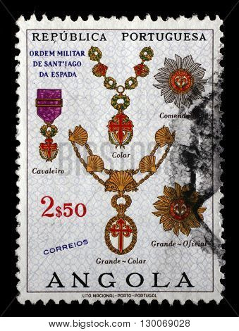 ZAGREB, CROATIA - JUNE 25: a stamp printed in the Angola shows Military Order of Santiago of Espada, Portuguese Civil and Military Orders, circa 1967, on June 25, 2014, Zagreb, Croatia