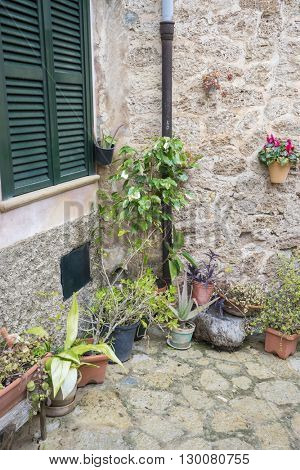 flowerpots street in the tourist island of Mallorca, Valdemosa city in Spain
