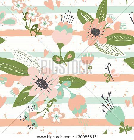 Flowers on striped seamless pattern. Horizontal brush strokes repeating background. Vector illustration.