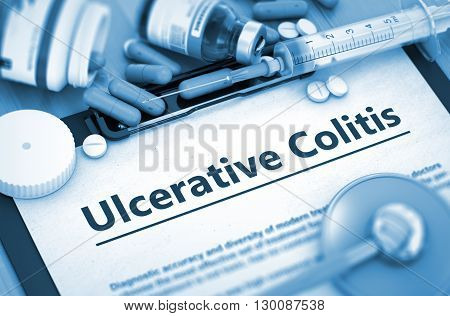 Ulcerative Colitis, Medical Concept with Pills, Injections and Syringe. Ulcerative Colitis Diagnosis, Medical Concept. Composition of Medicaments. 3D.