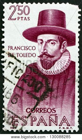 SPAIN - CIRCA 1964: a stamp printed in the Spain shows Francisco de Toledo was the fifth Viceroy of Peru Builder of the New World circa 1964
